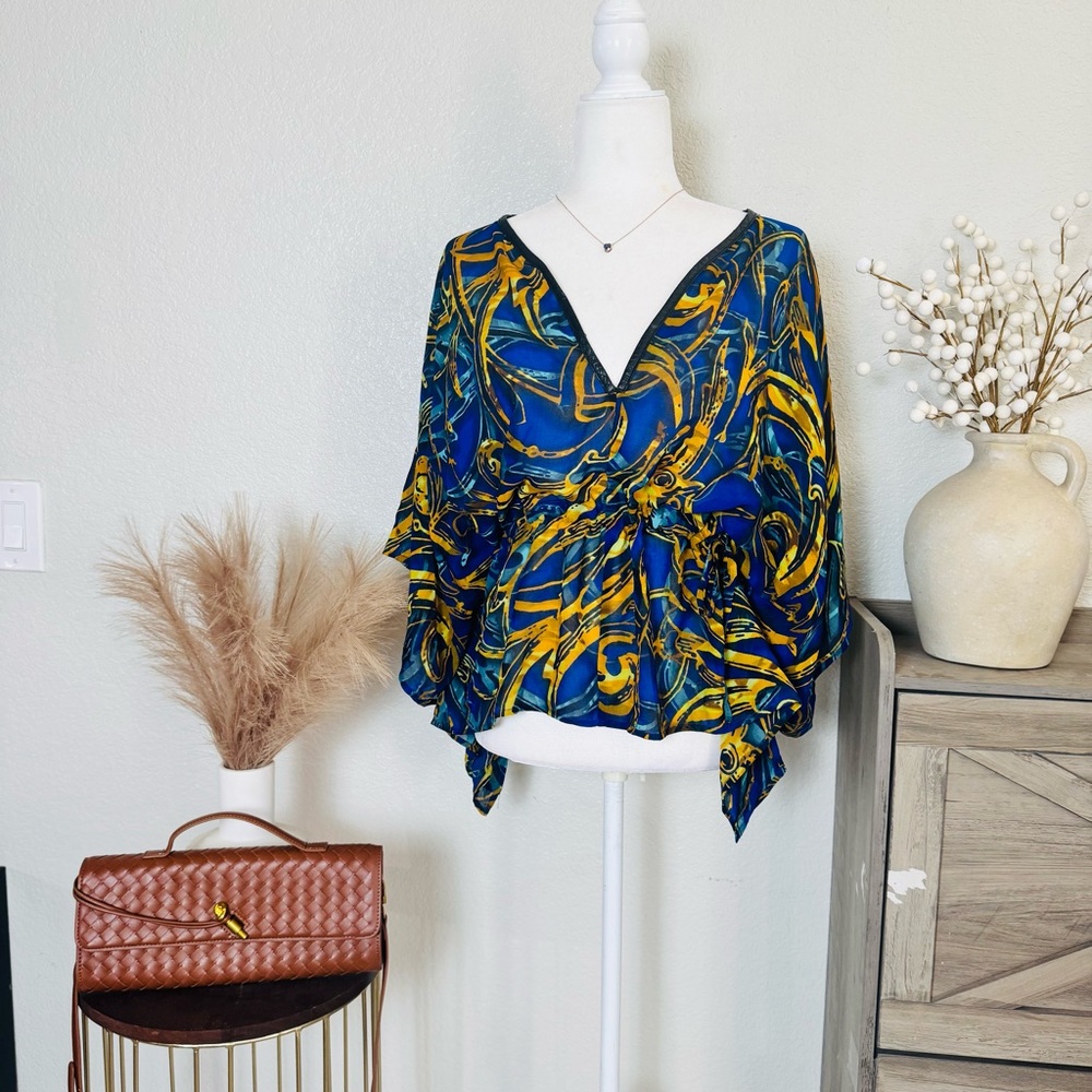 Alberto Makali Blue Gold Abstract Print Peplum Blouse Batwing Sleeve V Neck Top